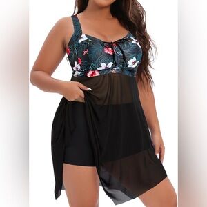Daci Women’s Two Piece Swim Dress Flowy Mesh Sheer with Boy shorts  Swimsuit 18W